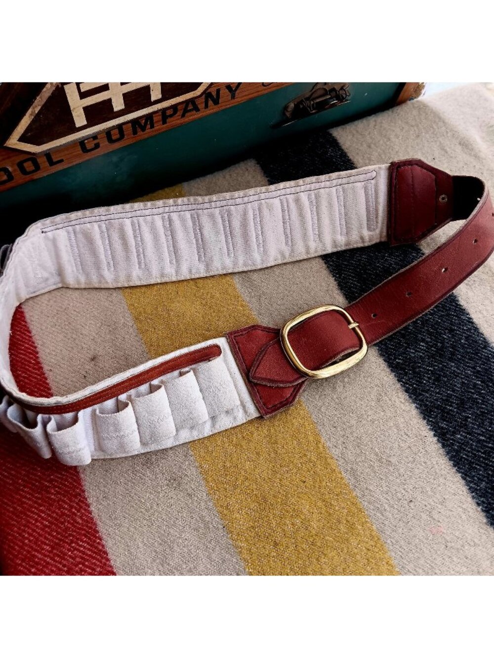 Small Vintage Canvas Leather Bandolier Shotgun Shell Cartridge Belt Brass Buckle